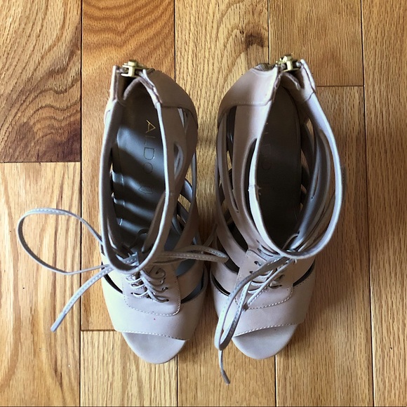NWOT Aldo Nude Leather Tie Up Cage Heels - Picture 3 of 11